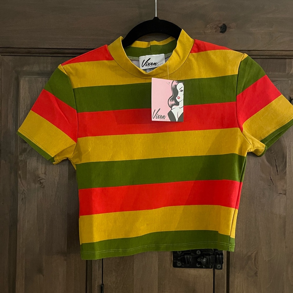 Vixen by Micheline Pitt Bad girl crop top in orange, yellow, avocado stripes